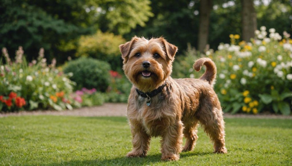 Norfolk Terrier standing alert in a garden, demonstrating its alertness and suitability as a watchdog.