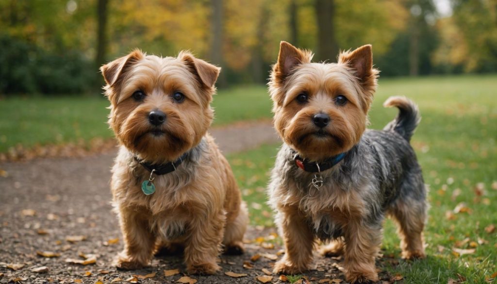 Norfolk Terrier and Norwich Terrier standing side by side, showcasing their distinct ear shapes and sizes.