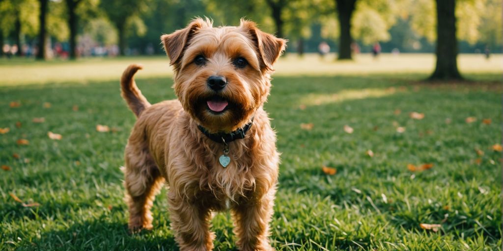 Glücklicher Norfolk-Terrier läuft im Park auf grünem Gras